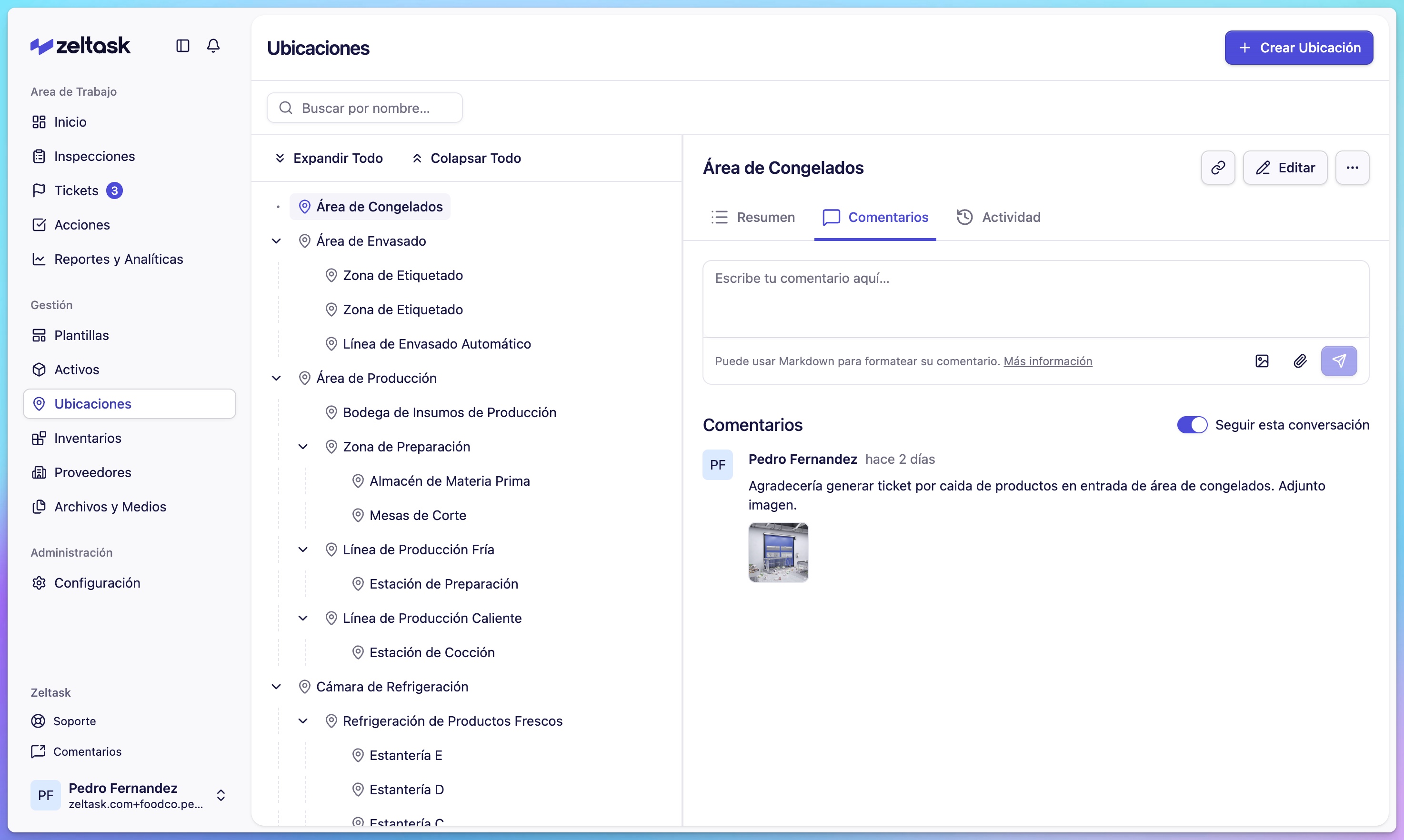 Location detail view showing Overview, Comments, and Assets tabs